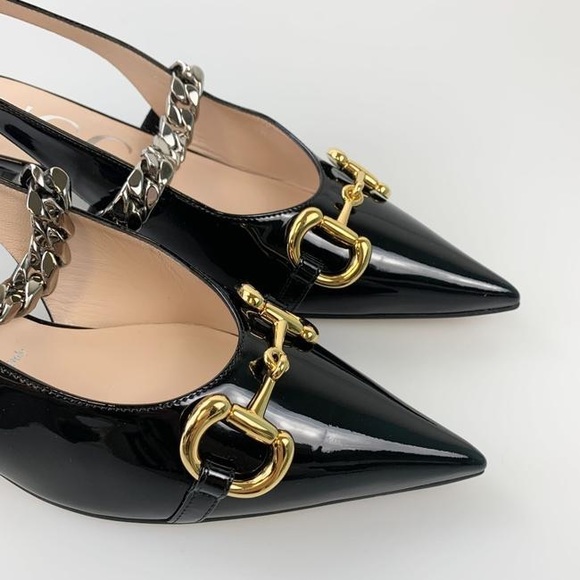 GUCCI Black Patent Leather Horsebit Chain Pumps Size 40 9.5 616596 Runway Shoe - Picture 4 of 16